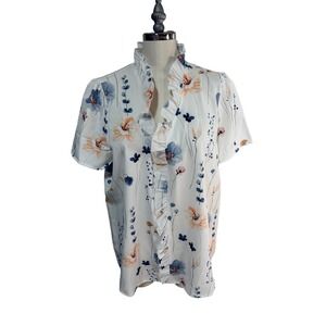 Dreimp Blouse Ruffle V-Neck Floral Short Sleeve Women's Size L White